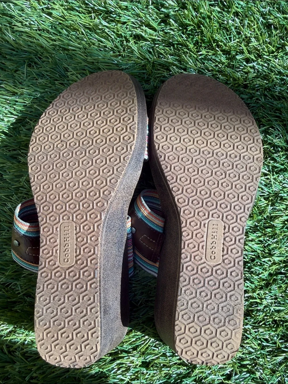 Cobb Hill by New Balance Brown Wedge Sandals w/ Multicolor Striped Straps size 6